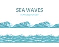 Blue sea and waves seamless border. Vector illustration Royalty Free Stock Photo