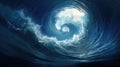 Blue sea waves spiraling into a circular water tornado formation, Ai Generated