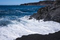 Blue sea with waves with white foam heads and black sandy beach in Iceland Royalty Free Stock Photo