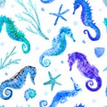 Blue seahorse, shell, starfish, coral and bubbles seamless pattern.
