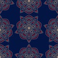 Blue seamless background. Floral beige and red pattern Royalty Free Stock Photo