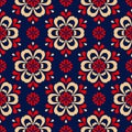 Blue seamless background. Floral beige and red pattern Royalty Free Stock Photo