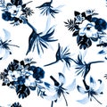 Blue Seamless Leaves. Cobalt Pattern Vintage. Navy Tropical Nature. Azure Flower Leaf. Gray Watercolor Painting. Decoration