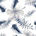 Blue Seamless Leaves. Navy Pattern Hibiscus. Indigo Tropical Hibiscus. Gray Spring Exotic. Cobalt Decoration Painting.