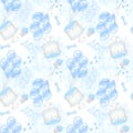 Blue seamless pattern boy. Cake, cupcake, balloons, bow. Hand drawn watercolor illustration isolated on white