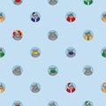 Blue seamless pattern of different hippos. Happy, sad, angry, in love, female with lipstick, Santa hippopotamus, Happy Birthday,