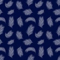 Blue seamless pattern with feathers. Minimal abstract style. Soft flat textile. Nature elements. Vector illustration