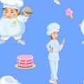 Blue seamless pattern with female and male chefs