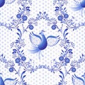 Blue seamless pattern. Floral background with birds and dots in the style of national porcelain painting.