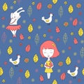 Blue seamless pattern with girl, chicken and rabbit.