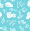 Blue seamless pattern with sea treasures - corals, cockleshells, stones, seaweed. Royalty Free Stock Photo