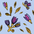 Blue seamless pattern with silhouette of a violet blooming flowers and yellow leaves.