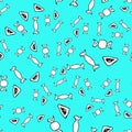 Blue seamless texture on Purim with Gomentash, candy. Doodle, sketch, hand drawing. Vector illustration