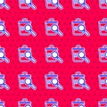 Blue Searching for food in trash can on streets outdoors icon isolated seamless pattern on red background. Homelessness