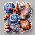 Blue seashells and starfish contrast beautifully against a gray background Royalty Free Stock Photo