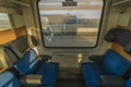 Blue seat compartment in fast expres train in Czech republic Royalty Free Stock Photo