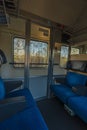 Blue seat compartment in fast expres train in Czech republic Royalty Free Stock Photo