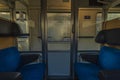 Blue seat compartment in fast expres train in Czech republic Royalty Free Stock Photo