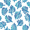 Blue seaweed on white ocean flora seamless pattern, vector