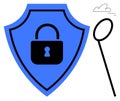 Blue security shield with a lock icon alongside a cloud and a magnifying glass motif Royalty Free Stock Photo