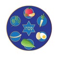 Blue seder plate with food