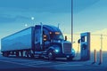 A blue semi truck is parked at a gas station, with the driver refueling the vehicle, Illustration of an electric truck at a heavy- Royalty Free Stock Photo