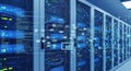 Blue server room with digital network visualization and data flow servers Royalty Free Stock Photo