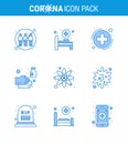 9 Blue Set of corona virus epidemic icons. such as atom, wash, medica, soap, cleaning