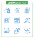 9 Blue Set of corona virus epidemic icons. such as date, medicine, hygiene, hospital, covid