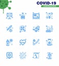 16 Blue Set of corona virus epidemic icons. such as intect, host, hand, coronavirus, question