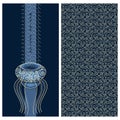 Blue set with marine design a card with a jelly-fish and seamless vector pattern with waves Royalty Free Stock Photo