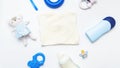 Blue set for newborn. Baby care or baby shower concept. Flat Lay. Newborn or baby clothes, toys, accessories for feeding. Mock up Royalty Free Stock Photo