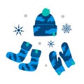 Blue set winter warm sportswear and accessories, mittens, hat and socks. Clothed flat vector cartoon illustration of