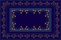 Blue shades tablecloth wlth embroidered of curlicues and branches with orange, stylized flowers and curved leaves