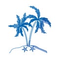 Blue shading silhouette of island with palms tree
