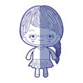 Blue shading silhouette of kawaii cute little girl with braided hair and embarrassed facial expression