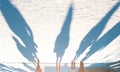 Blue shadows silhouettes of people walking on city street in sunny winter day. Royalty Free Stock Photo