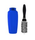 Blue shampoo bottle and hairbrush isolated on white Royalty Free Stock Photo