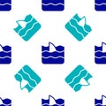 Blue Shark fin in ocean wave icon isolated seamless pattern on white background. Vector Royalty Free Stock Photo