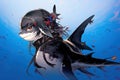 Blue Shark morphing in human underwater hybrid creature illustration generative ai