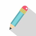 Blue sharpened pencil with eraser icon, flat style