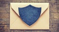 Blue shield atop brown envelope, symbolizing secure mail handling, communication, and data protection