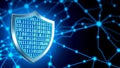 A blue shield with binary code on it in front of a blue network background representing cybersecurity Royalty Free Stock Photo