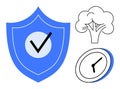 Shield with Checkmark, Clock, and Tree Representing Security, Time, and Environmental Protection Royalty Free Stock Photo