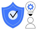 Blue shield with checkmark, user icon, and light bulb with gear symbolizing security and innovation Royalty Free Stock Photo