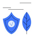 Blue shield with checkmark and leaf symbolizing protection, sustainability, and eco-friendly safety Royalty Free Stock Photo