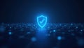 Blue shield with checkmark over digital network grid. Royalty Free Stock Photo