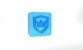Blue Shield with crown icon isolated on grey background. Glass square button. 3d illustration 3D render Royalty Free Stock Photo