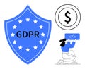 GDPR Compliance Represented by Shield, Dollar Sign, and Developer Writing Code Royalty Free Stock Photo