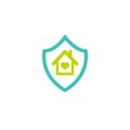 Blue shield with home inside. Vector flat icon isolated on white